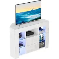Dripex TV Lowboard Armoire d'angle Board Table TV Commode d'angle Blanc brillant avec éclairage LED