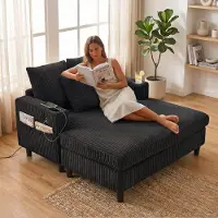 LVHOM Canapé-lit avec LED & USB, fauteuil palmier en velours côtelé, canapé lounge avec poches latérales & porte-boisson, capacité de charge 350kg, 128x85x142 cm, noir