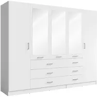Meublorama Armoire KALISTA 250 cm blanche avec miroirs et 6 tiroirs