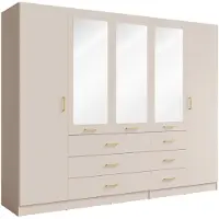 Meublorama Armoire KALISTA 250 cm beige sable avec miroirs et 6 tiroirs