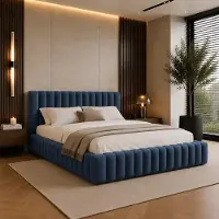 FURNISTAR Lit rembourré BLIVIO 180 x 200 cm, lit rembourré avec coffre de rangement, espace de rangement et sommier à lattes, lit double, style lit à ressorts, bleu