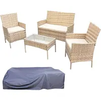 SVITA Ensemble de jardin BROOKLYN 4 pièces avec housse salon de jardin en polyrotin résistant aux intempéries terrasse table en verre beige