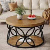 Tribesigns Table basse ronde de 80 cm avec espace de rangement, table de salon à deux niveaux pour le salon et le bureau, finition en bois brun rustique et structure métallique