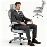 UISEBRT : chaise de bureau ergonomique grise, chaise en résille avec patère, soutien lombaire 2D, inclinaison à 125°, chaise de bureau à domicile réglable en hauteur, charge maximale 150 kg
