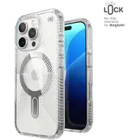 Speck Presidio Perfect-Clear Grip ClickLock & MagSafe - Étui pour iPhone 16 Pro (Transparent / Finition chrome / Argent serein)