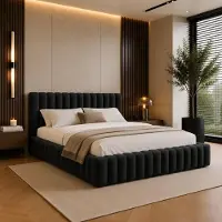 FURNISTAR Lit rembourré BLIVIO 140 x 200 cm, lit rembourré avec coffre de rangement, espace de rangement et sommier à lattes, lit double, style lit à ressorts, noir