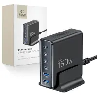 Tech-Protect Chargeur de bureau Dc160W-Gan à 6 ports Pd 160W / Qc3.0 Noir