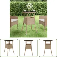 The Living Store Table de jardin Ø60x75 cm verre trempé et poly rotin beige