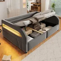 Flieks Canapé-lit hydraulique 140x200 cm avec revêtement en similicuir, lit double avec rangement, canapé convertible avec espace de rangement, sommier à lattes, flanelle, gris