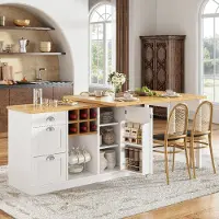 Flieks Table multifonctionnelle pour bar, avec espace de rangement, îlot de cuisine extensible avec étagère à vin, poignées en métal, table de cuisine pivotante à 360° et pliable, de couleur blanche