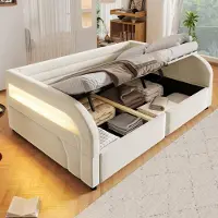 Flieks Canapé-lit hydraulique 140x200 cm avec revêtement en similicuir, lit double avec rangement, canapé convertible avec espace de rangement, sommier à lattes, flanelle, couleur beige