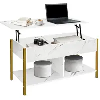 Supfine Table basse, table d'appoint, table de salon avec rangement, rectangulaire, aspect marbre, avec tablette inférieure, table de canapé