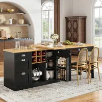 Flieks Table multifonctionnelle pour bar avec espace de rangement, îlot de cuisine extensible avec étagère à vin, poignées en métal, table de cuisine pivotante à 360° et pliable, noire
