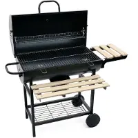 Relaxdays Barbecue au charbon de bois avec chariot, couvercle et thermomètre, barbecue mobile, barbecue de jardin XXL avec tablettes, noir/naturel