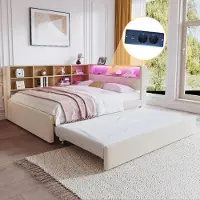 MODFU Lit Gigogne 140x200 cm - Lit Double avec Lit Coulissant 90x190 cm, Port USB, Éclairage LED et Espace de Rangement, Tissu Beige, Sans Matelas