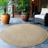 Ayyildiz Hali Ayyildiz Tapis d’extérieur terrasse Beige 200 cm rond d'extérieur, Unicolor, pour Terasse-Balcon-Cuisine, dos en polypropylène