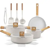 Nutrichef Set d'ustensiles de cuisine en céramique – Casseroles et poêles, 14 pièces, compatibles induction, avec revêtement antiadhésif, beige