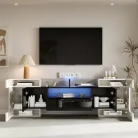 Merax Meuble TV avec éclairage LED, meuble TV brillant à 6 portes, meuble TV bas de salon avec 2 tiroirs et plateau en verre, blanc + noir