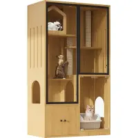 Aiorber Maison pour chats à quatre étages avec porte en verre, poteau griffoir et espace de rangement, Grand meuble pour chats d'intérieur pour plusieurs chats - Maple