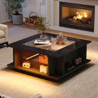 Merax Table basse brillante avec plateau en verre et éclairage LED, table basse carrée avec compartiments ouverts, table d'appoint avec espace de rangement latéral, noir