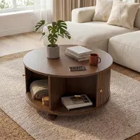 Merax Table basse ronde avec portes coulissantes et 4 compartiments, table de salon en MDF, table d'appoint avec espace de rangement et pieds en métal, style rétro, noyer