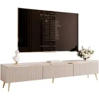 Idohome Meuble TV bas SELIA 200 cm avec moulure dorée, système « Push to Open », meuble TV pour salon, finition striée, meuble multimédia, couleur cachemire