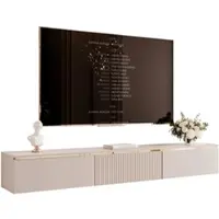 Idohome Meuble TV bas SELIA 200 cm, à rainures, avec moulure dorée, système « Push to Open », élégant meuble TV suspendu, couleur cachemire