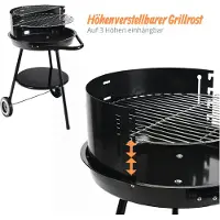 Relaxdays Barbecue au charbon de bois avec roulettes, Ø 47 cm, Garten & Park, pare-vent, tablette, grille de maintien au chaud, barbecue rond, noir
