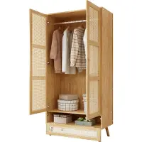 Youjia Armoire avec tringle, 2 portes, chambre à coucher, filet en rotin, salon, avec couvercle inférieur flip-top, panneaux de particules+rotin PE, naturel,