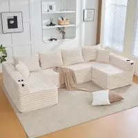 Zelurxx Canapé en velours côtelé en forme de U, 6 places, avec porte-gobelets et poches latérales, ressorts, ergonomique, 4 coussins de dossier, 2 coussins décoratifs, salon, beige