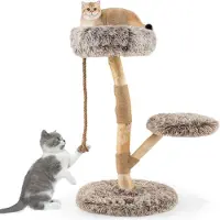 Costway Arbre à chat 90cm en bois avec 3 sièges en peluche, corde & poteau griffoir en jute, tour pour chats Meubles pour chats, arbre à chat à grimper, brun+naturel
