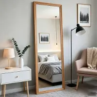 Debuy Miroir droit en pied rectangulaire, 160 x 50 cm, cadre en bois, verre HD sans distorsion, miroir sur pied, à poser, pour chambre à coucher ou salon, aspect bois
