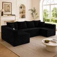 Zelurxx Canapé en velours côtelé en U, 6 places, avec porte-gobelets et poches latérales, ressorts, ergonomique, 4 coussins de dossier, 2 coussins décoratifs, salon, noir