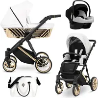 Kunert IVENTO GLAM poussette siège auto pour enfant ensemble complet poussette siège auto ensemble 3 en 1 (White Pearl, couleur du cadre : Gold)