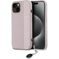 Karl Lagerfeld Coque iPhone 15 rose à strass en soie Saffiano de