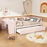 UnboxG 90*200cm, lit plat, avec lit gigogne, avec bureau, trois étagères sur le côté du lit, rose
