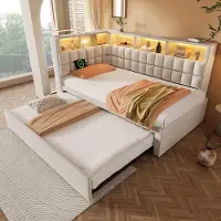 Ulife Lit rembourré avec éclairage LED, haut-parleurs Bluetooth, ports USB et Type-C, tête de lit en L avec étagère, lit d'appoint coulissant, canapé-lit, 90 x 200 cm, beige