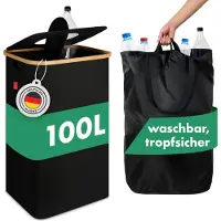 Blumtal Conteneur de collecte de bouteilles consignées 100 L - Organisateur de bouteilles consignées en bambou avec sac de rangement - Conteneur pour bouteilles consignées, couleur noire