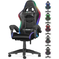 Bigzzia Fauteuil gaming avec LED - Fauteuil gaming ergonomique - Fauteuils gaming avec éclairage RGB - Fauteuil d'ordinateur réglable en hauteur - Dossier inclinable de 90 à 155° - jusqu'à 130 kg