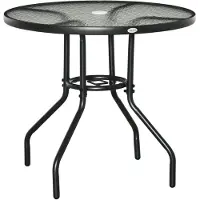 SUCCESS COURIER Table de jardin ronde avec trou pour parasol, plateau en verre de sécurité, 80 x 72 cm, 4 personnes, pieds antidérapants noirs, structure métallique résistante aux intempéries, motif ondulé