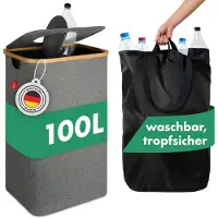 Blumtal Conteneur de collecte de bouteilles consignées 100 L - Organisateur de bouteilles consignées en bambou avec sac de rangement - Conteneur de collecte de bouteilles consignées, couleur grise