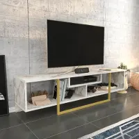 Decorotika Meuble TV Asal 150 cm avec compartiments et pieds métalliques pour téléviseurs jusqu'à 65 pouces | Effet marbre blanc et blanc
