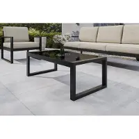 Margaret Hadas24 Margaret Hadas : Table d'extérieur Madera, table basse pour terrasse, balcon, résistante aux intempéries, en métal et verre. Banc d'extérieur avec dossier, mobilier de jardin, couleur noire