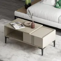 Homidea Table basse Modena 90 cm - Table de salon rectangulaire avec compartiment de rangement - Design scandinave moderne - Travertin/Beige