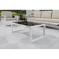 Margaret Hadas24 Margaret Hadas : Table d'extérieur Madera, table basse pour terrasse ou balcon, résistante aux intempéries, en métal et verre. Banc d'extérieur avec dossier, mobilier de jardin, blanc