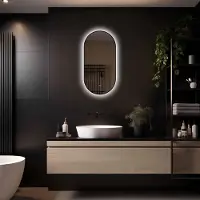 Megagoods LoXa miroir de salle de bain Vienna 40×80 cm ovale avec cadre noir - LED, antibuée, intensité lumineuse variable