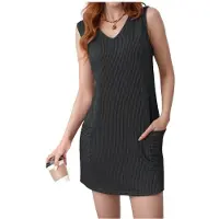 Tlily Robe D'Été Sans Manches à Col en V Gris Foncé L