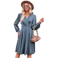 Tlily Robe Courte Froncée à Col en V pour Femme Bleu XL