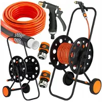 Schmith Chariot à tuyau Smith Metal + ensemble tuyau d'arrosage 1/2 pouce (25 mm) | Lance d'arrosage en laiton + raccord métallique STOP | Enrouleur de tuyau d'arrosage, système d'arrosage, arrosage de jardin