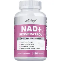 Airboy Inc. NAD Resveratrol 1500mg (120 capsules) Complément alimentaire, anti-âge, peau, visage, énergie, cerveau, métabolisme cellulaire, cellules de la peau, réparation